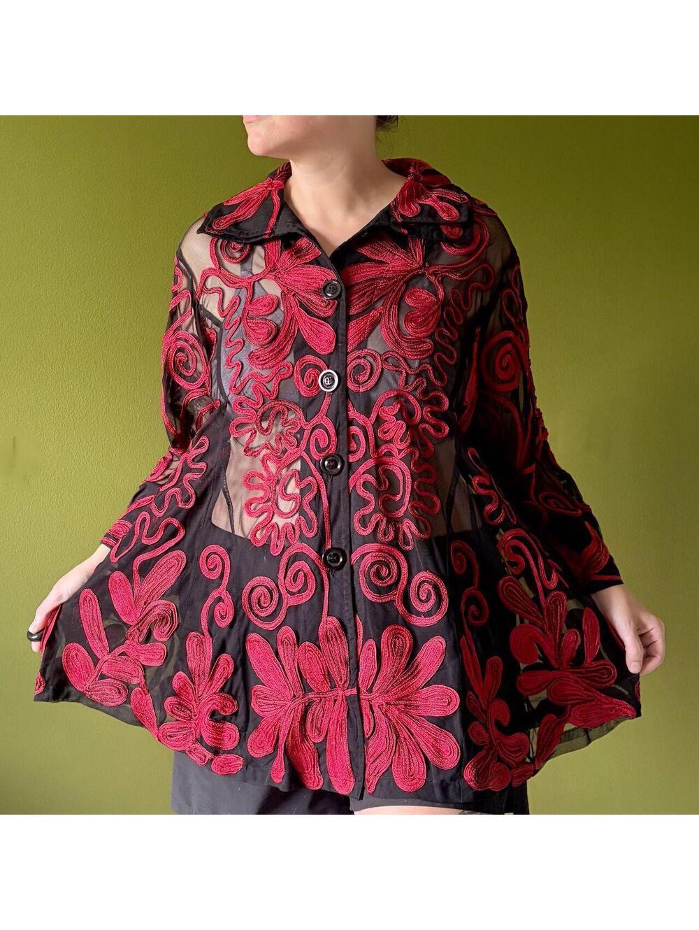 Sheer Black Button Up Blouse Red Floral Applique Funky Goth Whimsical